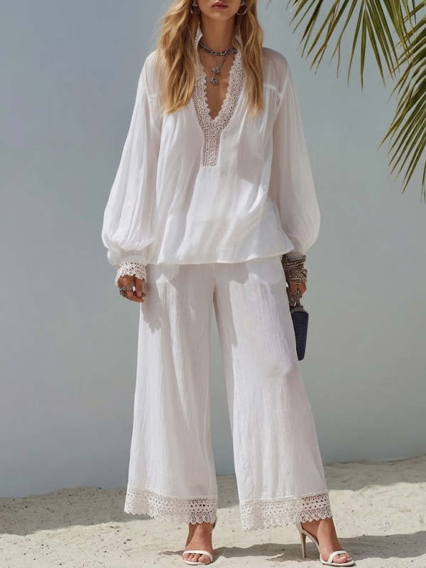 Women's Simple Lace-trim Cotton And Linen Set