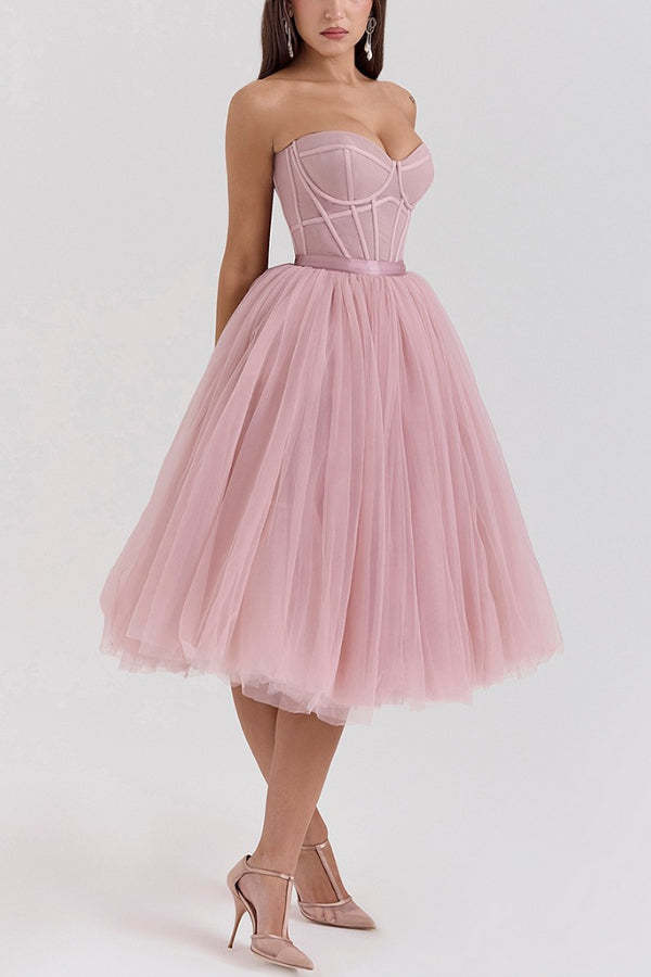 Strapless Corset Design Tulle Bouffant Midi Dresses-Pink Pre Order