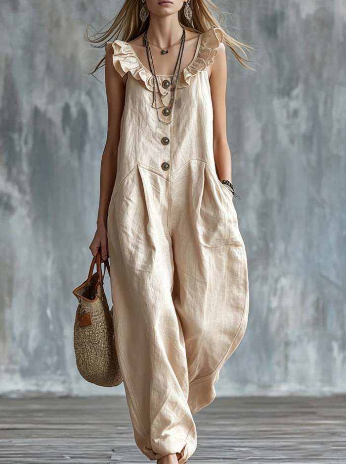 Boho Sleeveless Button Front Pocketed Linen Overalls