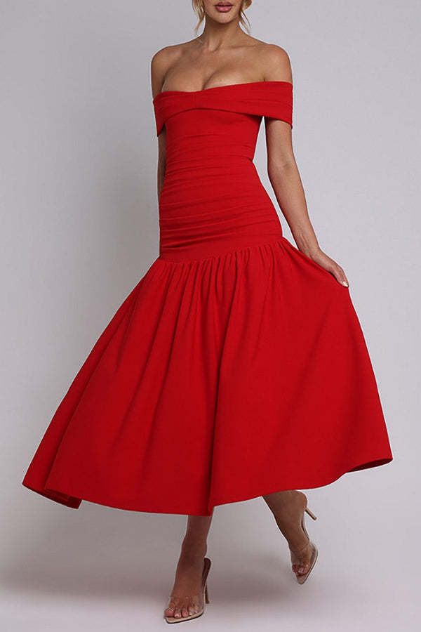 Off Shoulder Draped Sleeve Ruched Slim Fit Midi Bouffant Dresses-White