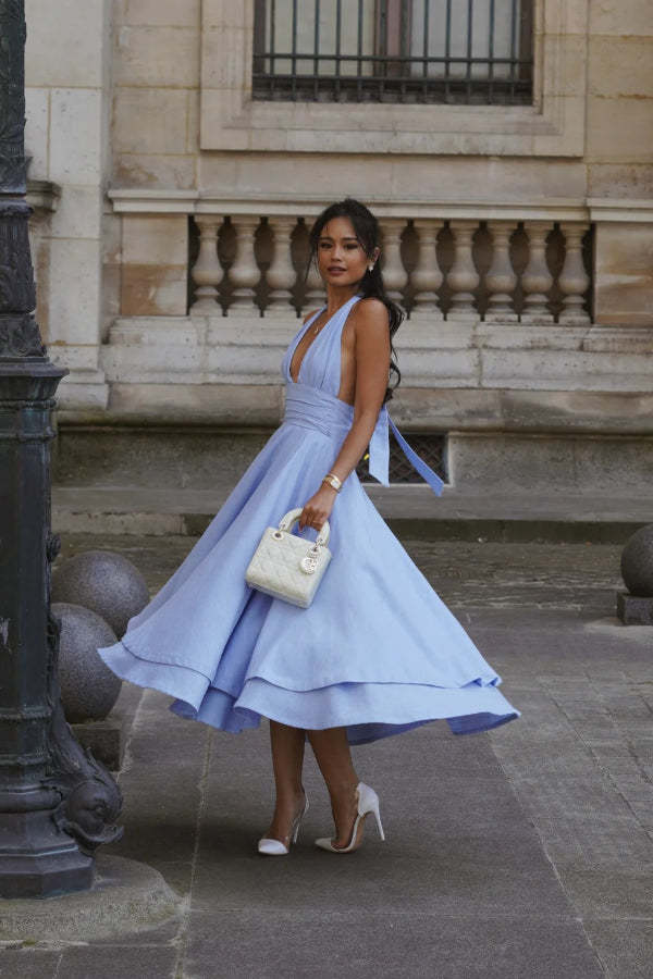 V-neck Halterneck Solid Backless Ruffled Swing Midi Dress