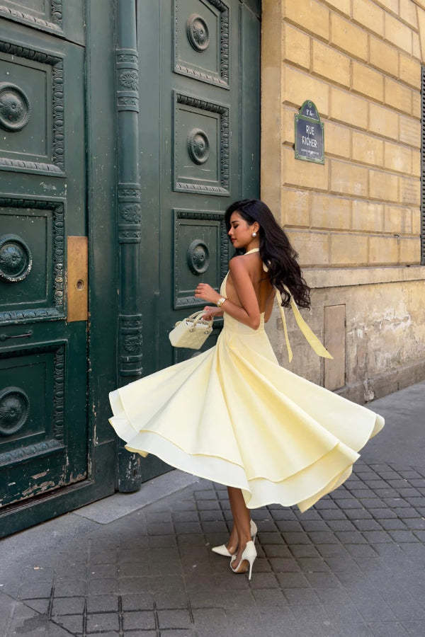 V-neck Halterneck Solid Backless Ruffled Swing Midi Dress