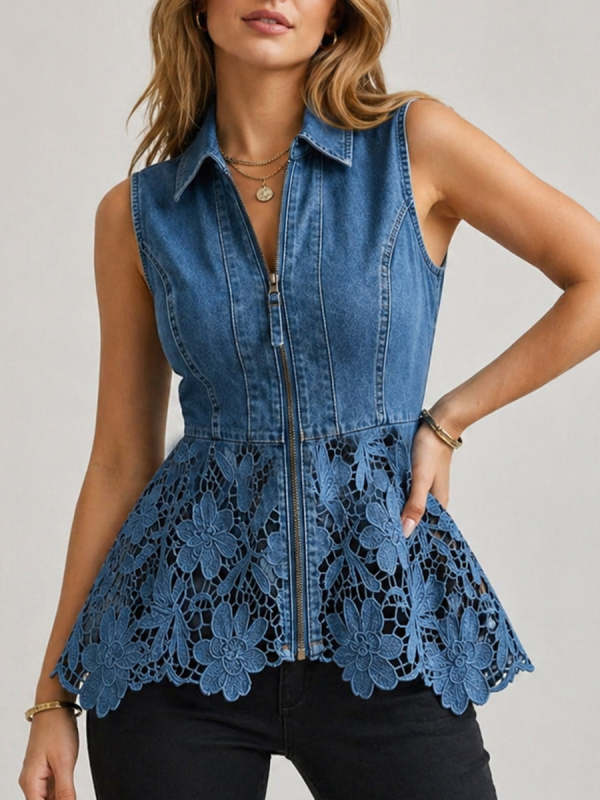 Stylish Spliced lace & Zipper Denim Top