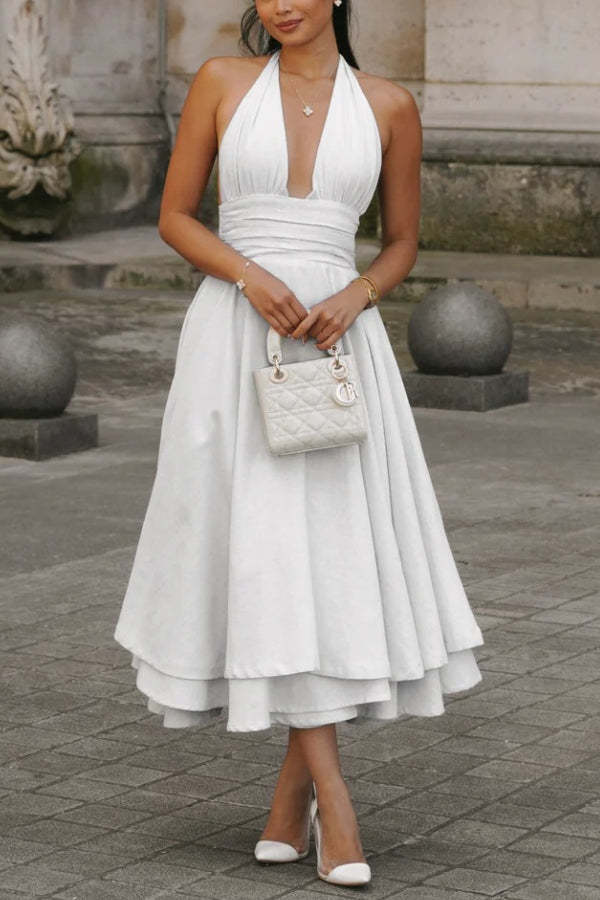 V-neck Halterneck Solid Backless Ruffled Swing Midi Dress