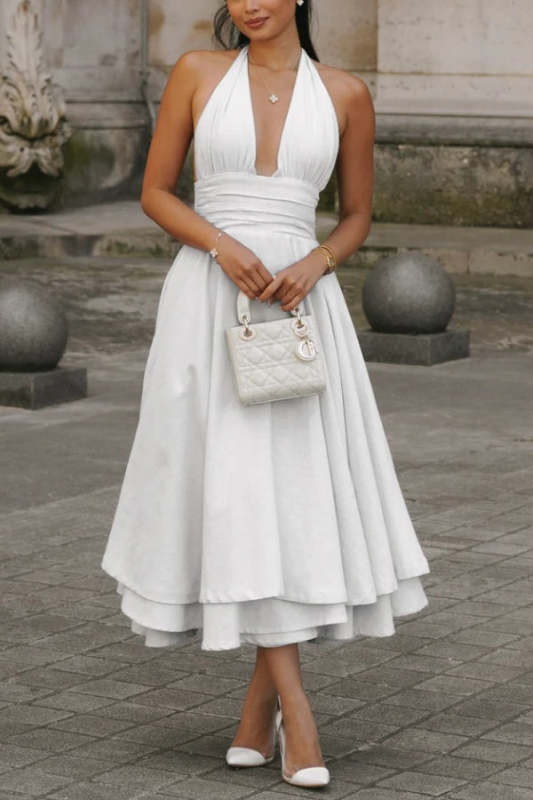 V-neck Halterneck Solid Backless Ruffled Swing Midi Dress