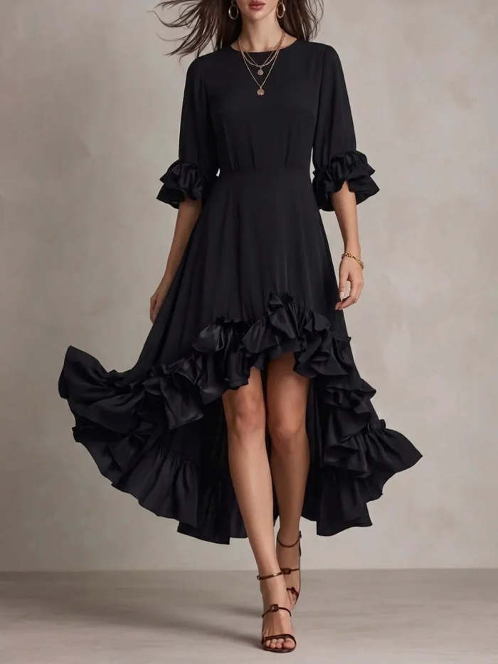 Women's Round Neck Dress With Decorative Lace