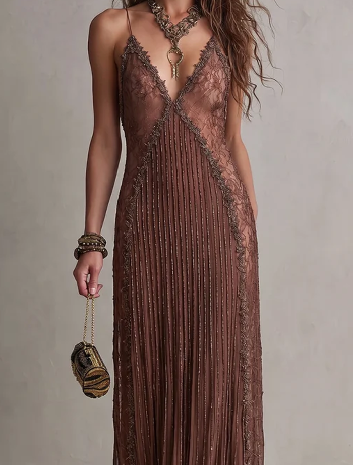 Brown Cami Lace Elegant Maxi Dress