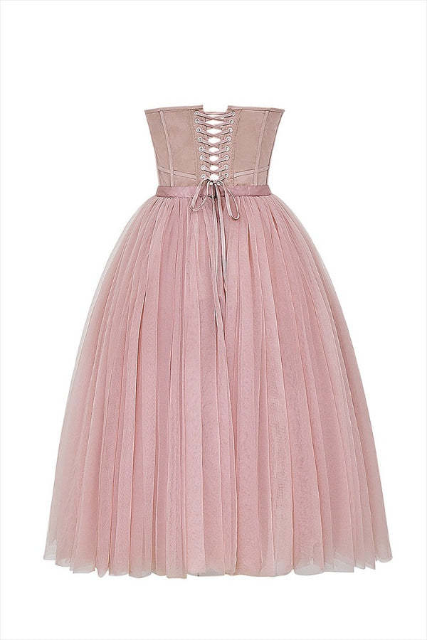 Strapless Corset Design Tulle Bouffant Midi Dresses-Pink Pre Order
