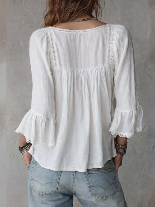 Casual Linen And Cotton Top With Lace Paneling