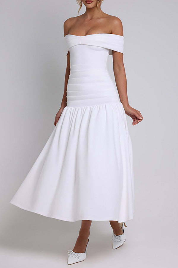 Off Shoulder Draped Sleeve Ruched Slim Fit Midi Bouffant Dresses-White