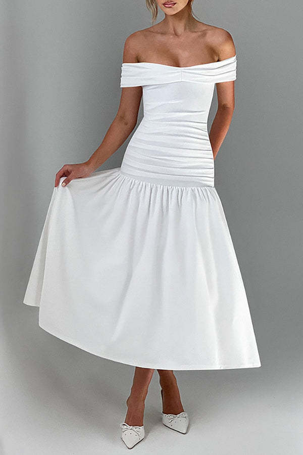 Off Shoulder Draped Sleeve Ruched Slim Fit Midi Bouffant Dresses-White