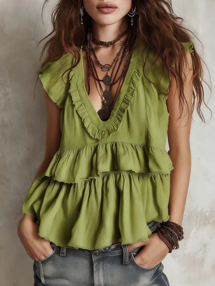 Women's Casual Lace V-neck Cotton And Linen Top