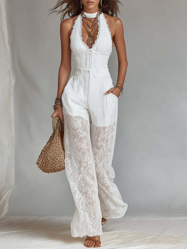 Bohemian-style Set: Lace-trimmed Spaghetti Strap Camisole And Lace-paneled Wide-leg Pants