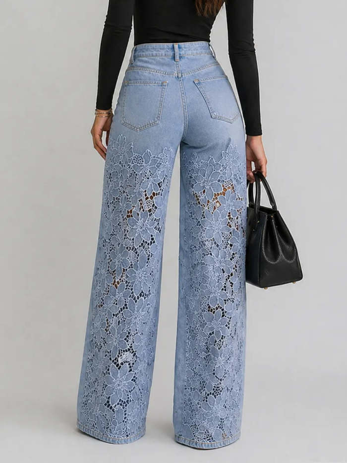 Lace Cut-out Wide-leg Denim Jeans