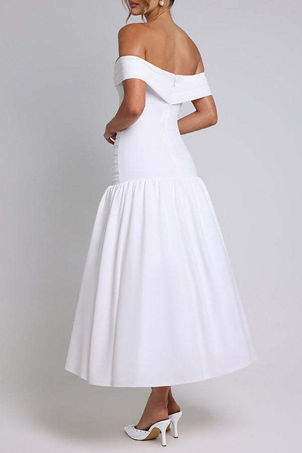 Off Shoulder Draped Sleeve Ruched Slim Fit Midi Bouffant Dresses-White