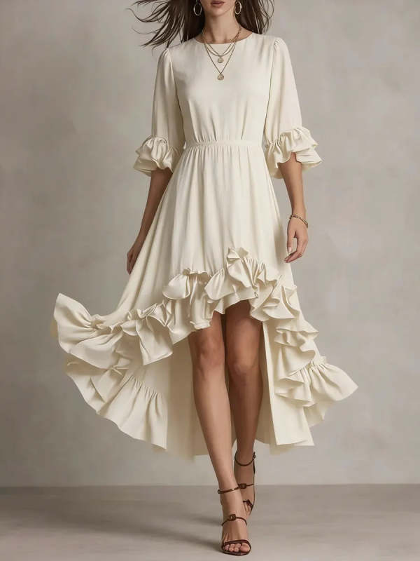 Women's Round Neck Dress With Decorative Lace