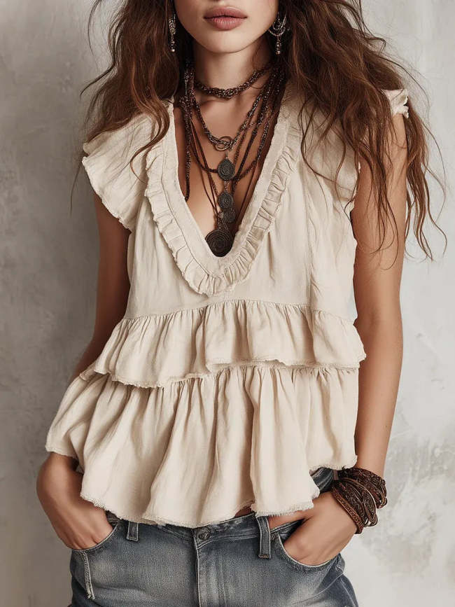 Women's Casual Lace V-neck Cotton And Linen Top