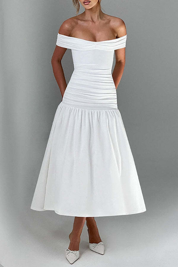 Off Shoulder Draped Sleeve Ruched Slim Fit Midi Bouffant Dresses-White