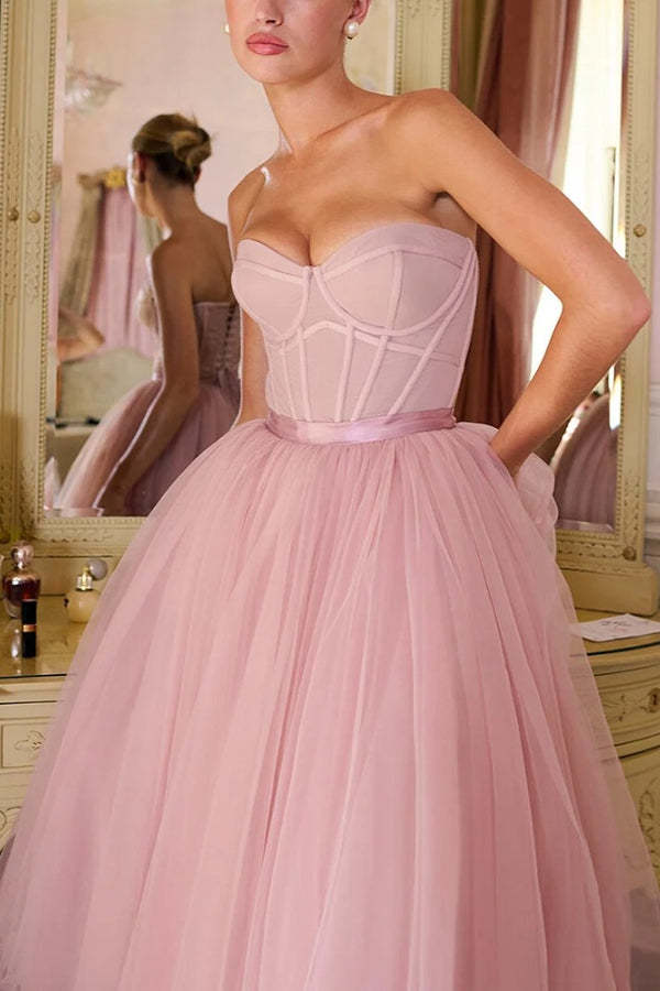 Strapless Corset Design Tulle Bouffant Midi Dresses-Pink Pre Order