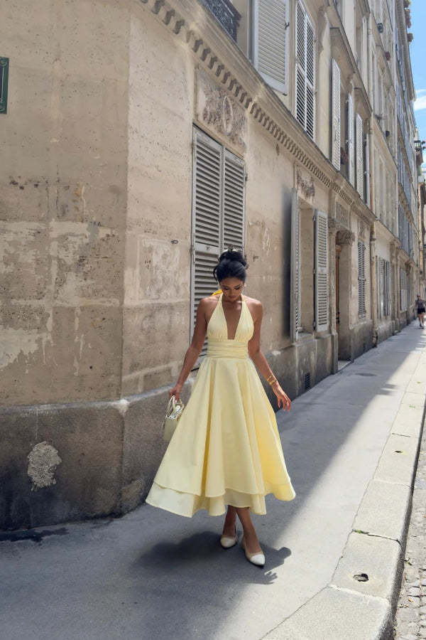 V-neck Halterneck Solid Backless Ruffled Swing Midi Dress