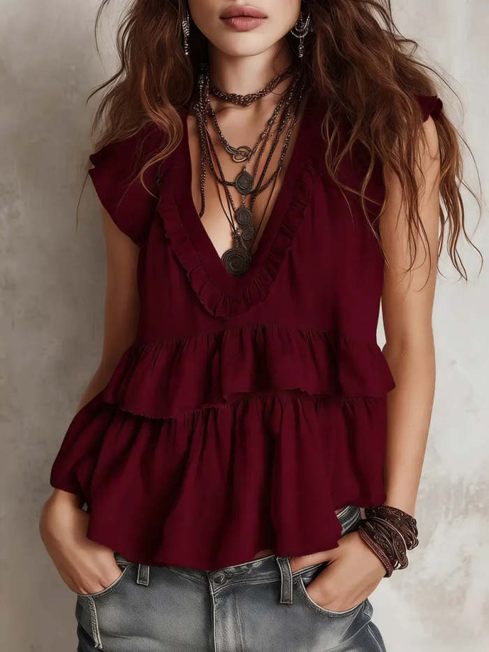 Women's Casual Lace V-neck Cotton And Linen Top