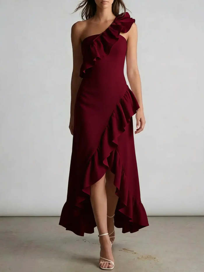 Women's Elegant Lace-trimmed One-shoulder Cotton Linen Dress