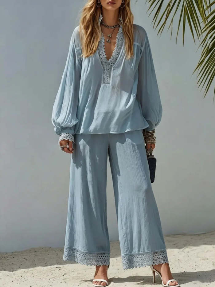 Women's Simple Lace-trim Cotton And Linen Set