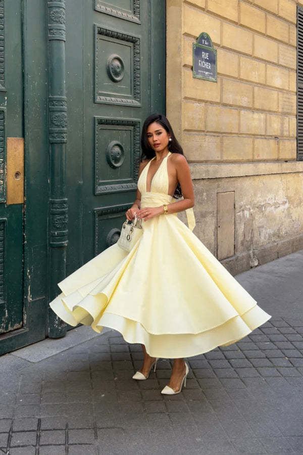 V-neck Halterneck Solid Backless Ruffled Swing Midi Dress