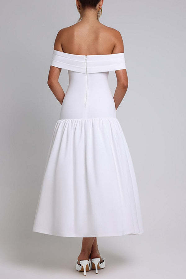 Off Shoulder Draped Sleeve Ruched Slim Fit Midi Bouffant Dresses-White