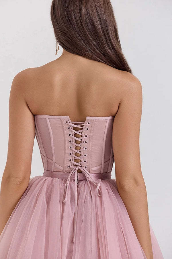 Strapless Corset Design Tulle Bouffant Midi Dresses-Pink Pre Order