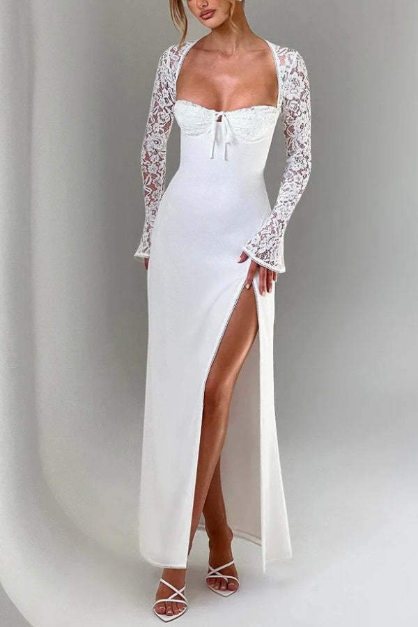 Slim Fit Lace Long Sleeve Spliced Dress Slit Maxi Dress