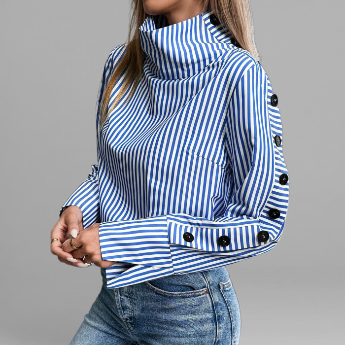 Women's Blue Striped High Neck Side Black Button Long Sleeve Blouse