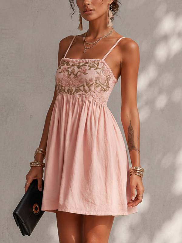 Pink Floral Embroidered Spaghetti Strap Mini Dress