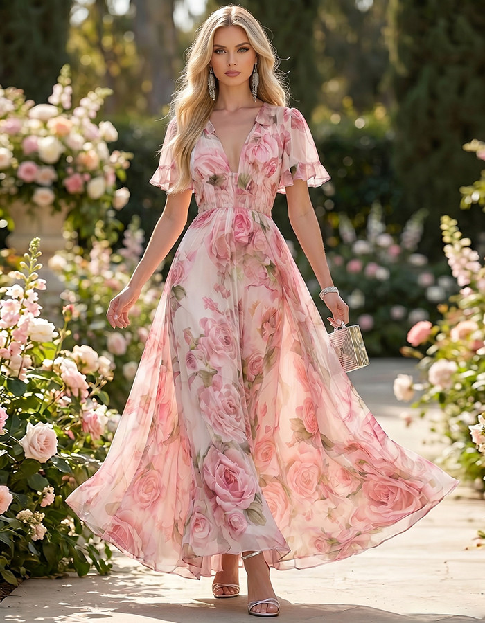 Pink Rose Print V-Neck Chiffon Maxi Dress