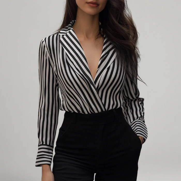 Women's Formal Black And White Striped Notch Lapel Wrap Hidden Button Long Sleeve Blouse