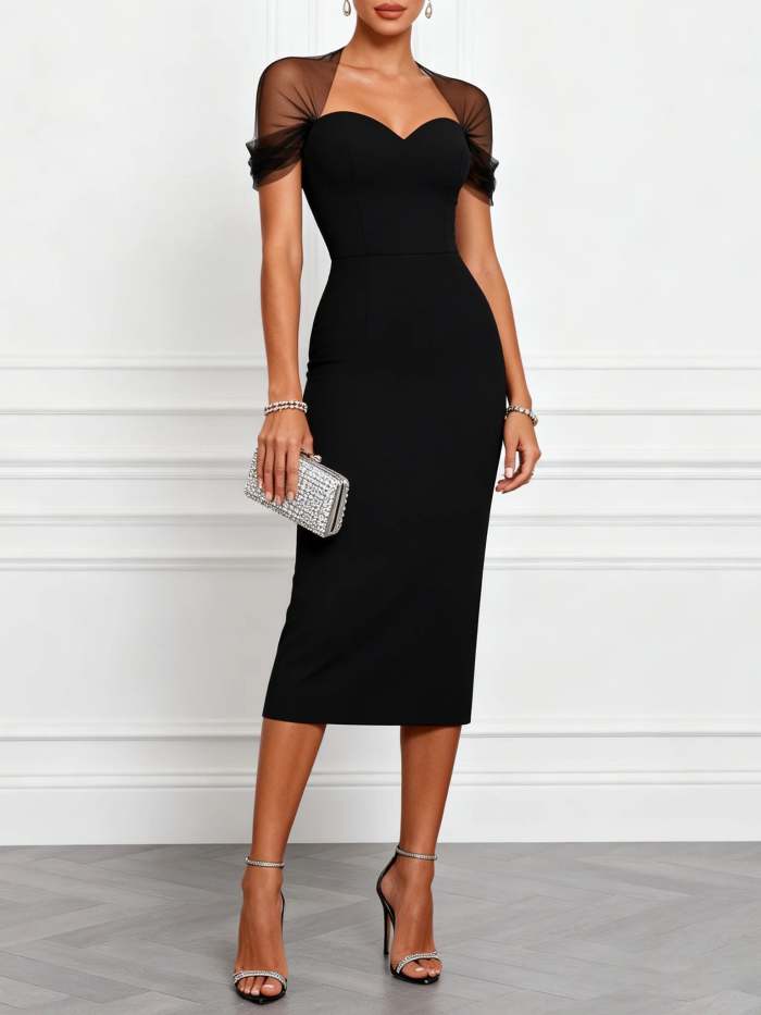 Elegant Slim-Fit Midi Dress with Black Mesh Paneling