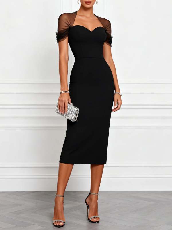 Elegant Slim-Fit Midi Dress with Black Mesh Paneling