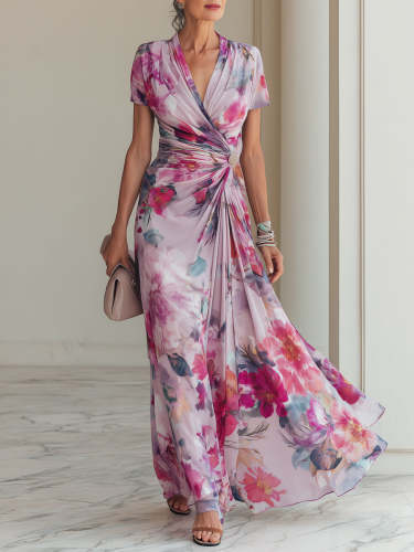 Elegant Crossover V-Neck Floral Printed Chiffon Maxi Dress