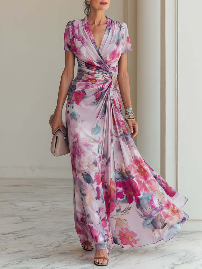Elegant Crossover V-Neck Floral Printed Chiffon Maxi Dress