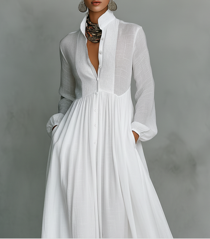 Cotton and Linen Patchwork Maxi Dress with High Collar and Long Sleeves