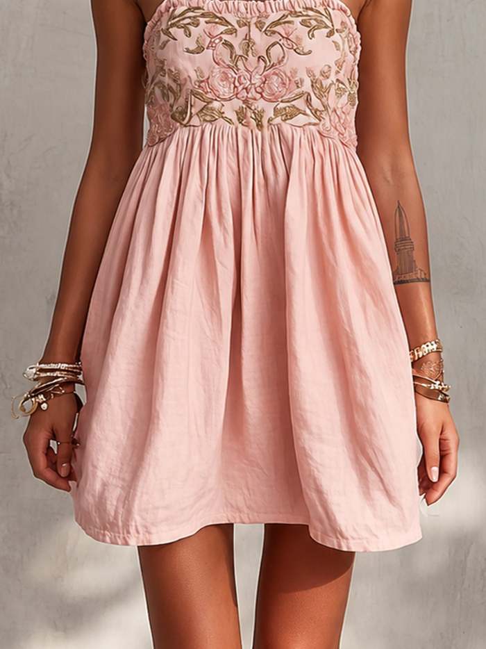 Pink Floral Embroidered Spaghetti Strap Mini Dress