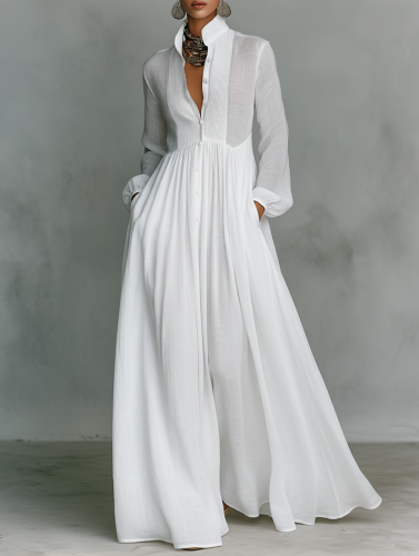 Cotton and Linen Patchwork Maxi Dress with High Collar and Long Sleeves
