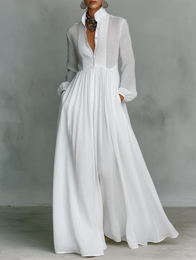 Cotton and Linen Patchwork Maxi Dress with High Collar and Long Sleeves