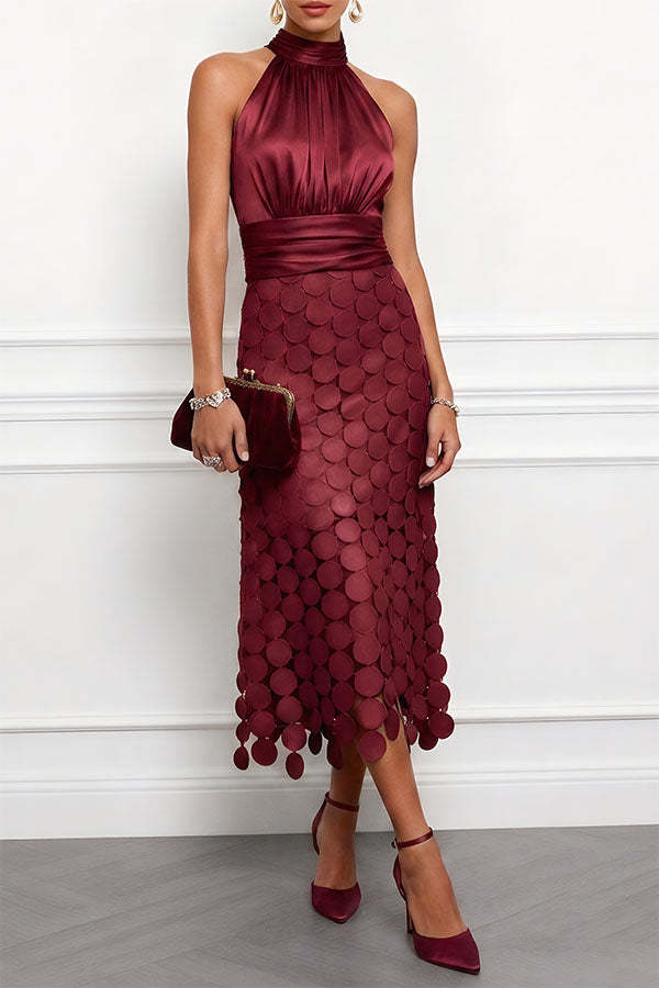 Satin Ruched Halter Neck Sleeveless Embroidered Polka Dot Hem Midi Dress