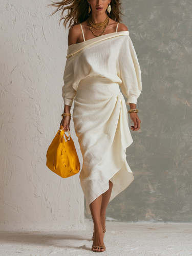 White Off-shoulder Top And Pleated Skirt Two-piece Set