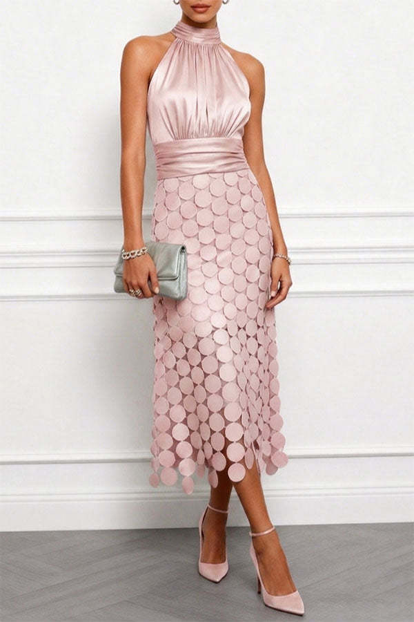 Satin Ruched Halter Neck Sleeveless Embroidered Polka Dot Hem Midi Dress