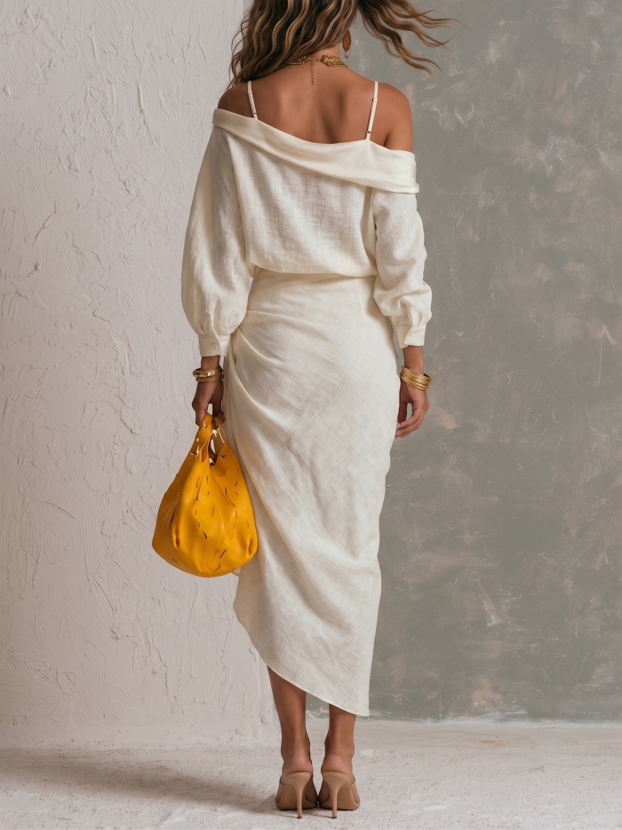 White Off-shoulder Top And Pleated Skirt Two-piece Set