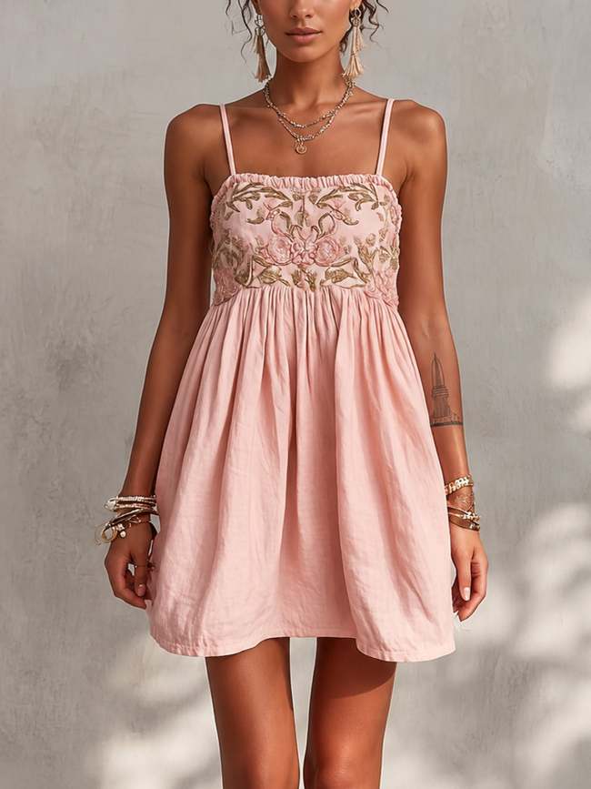 Pink Floral Embroidered Spaghetti Strap Mini Dress