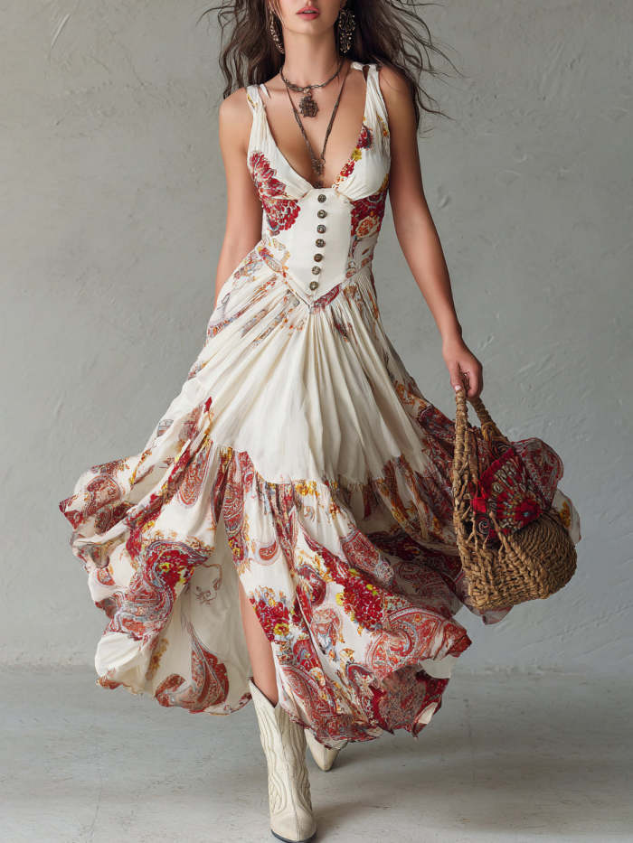 White V-neck sleeveless maxi dress with paisley print