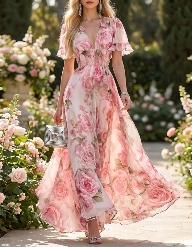 Pink Rose Print V-Neck Chiffon Maxi Dress